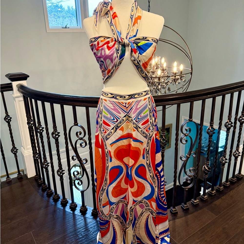 FM Fashion House 2pc Set Colorful Abstract Halter and Maxi Palazo Pant Sz Large